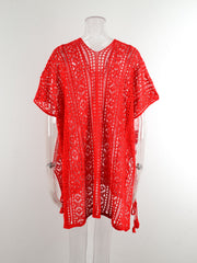 Red open-knit V-neck beach cover-up with short sleeves and tassel ties