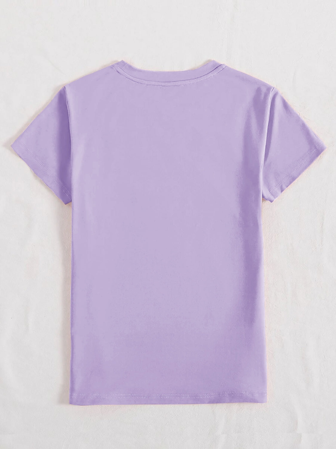 Lavender t-shirt with short sleeves and a crew neck, plain back.