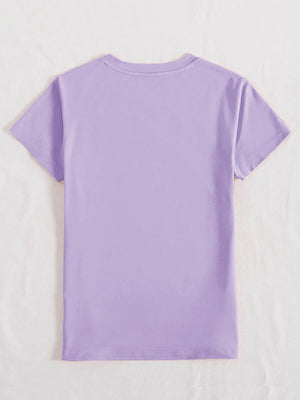 Lavender t-shirt with short sleeves and a crew neck, plain back.