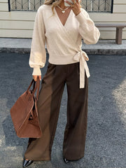 Tied Surplice Long Sleeve Sweater, fabric detail