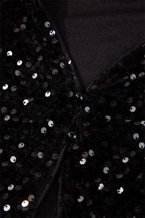 Black sequin backless blouse with pearl button detail