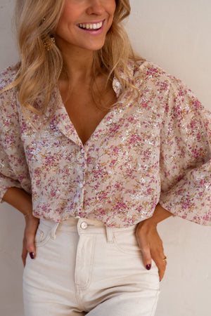 Sequin floral print relaxed fit blouse in dusty pink with button-down front.