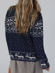 Navy Nordic Fair Isle acrylic sweater with snowflake and reindeer patterns.