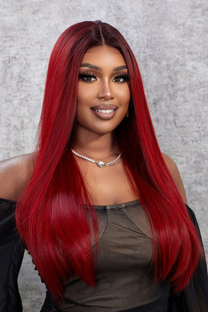 Crimson straight lace front wig with red ombre color, styled with a middle part.