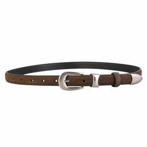 Brown suede skinny belt with silver buckle and tip accents