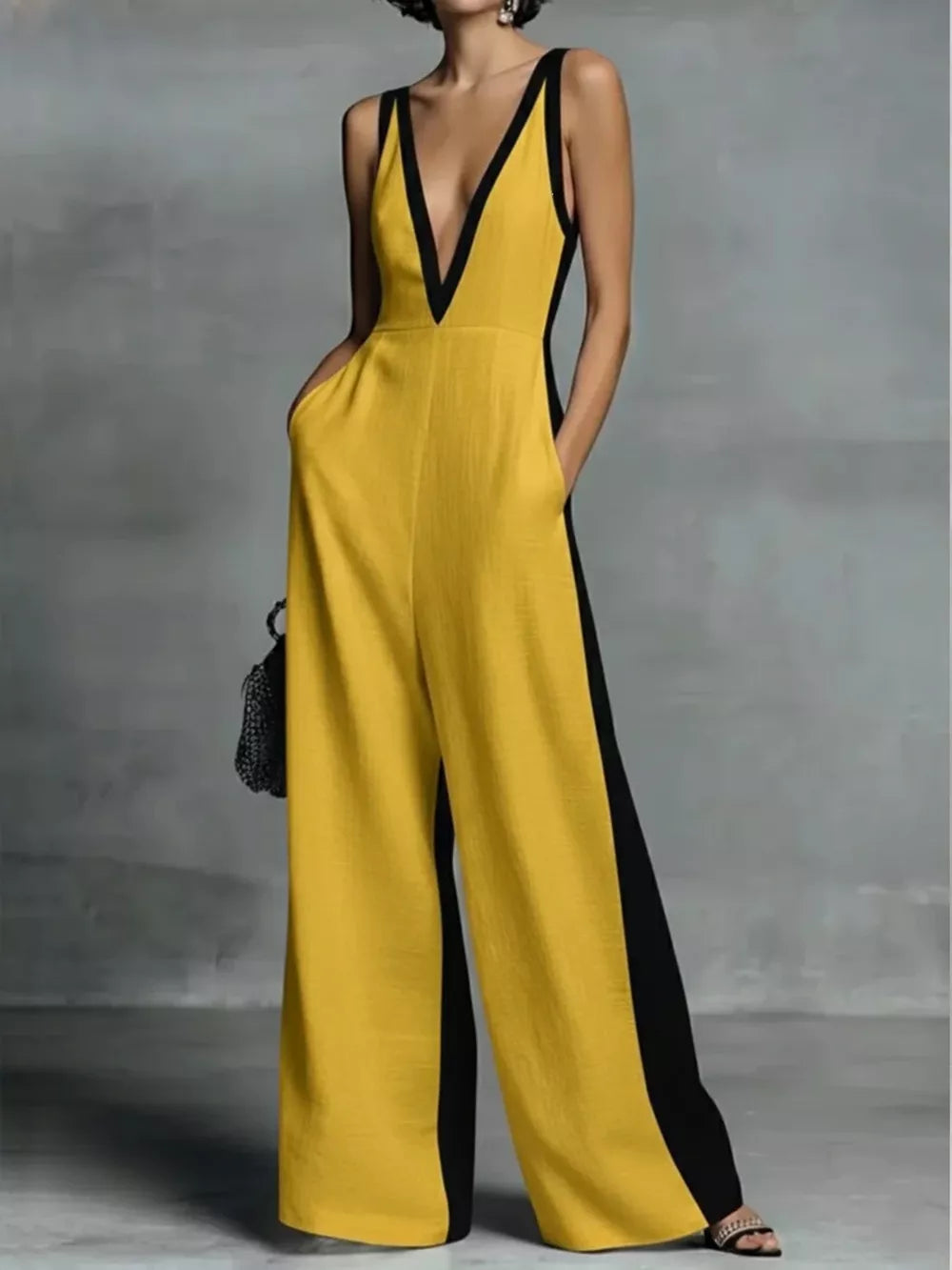 Deep V-neck Wide-leg Jumpsuit, editorial view