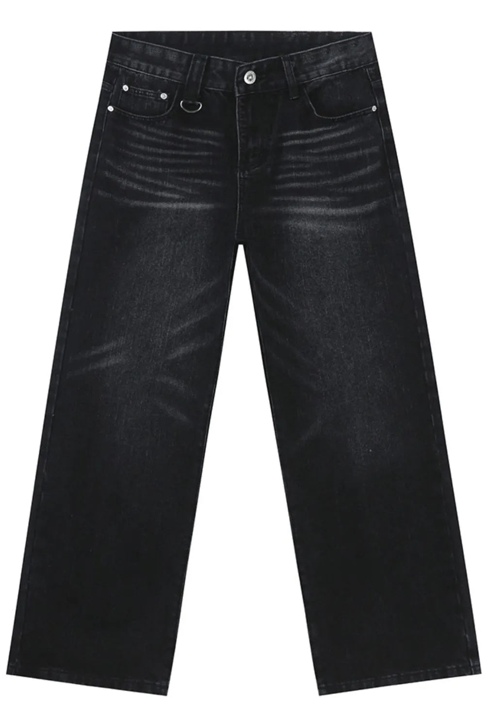 Dark wash wide leg denim jeans with distressed detailing and a D-ring detail.