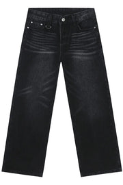 Dark wash wide leg denim jeans with distressed detailing and a D-ring detail.