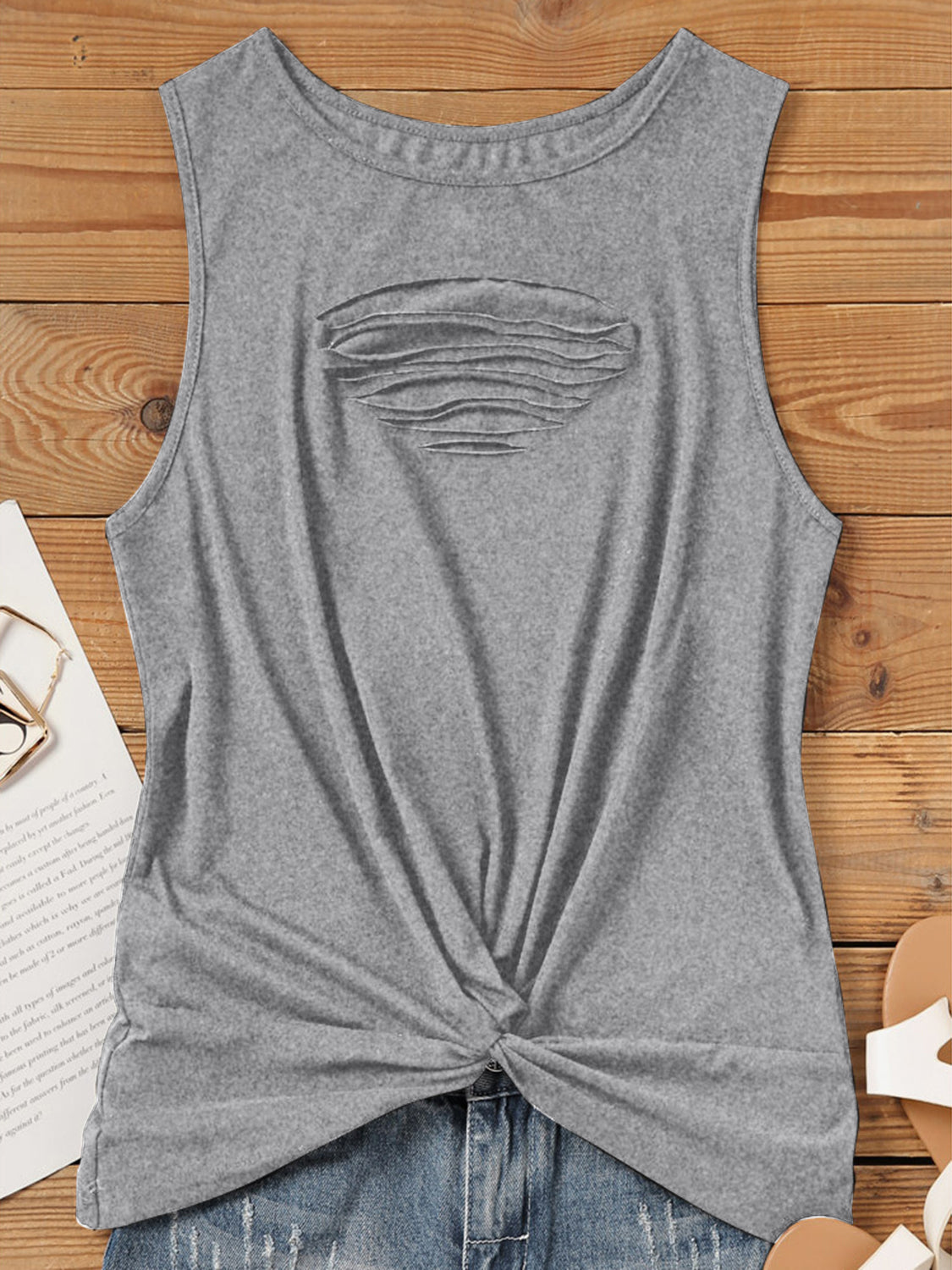 Gray slit detail knot tank top with crew neck and sleeveless cut.