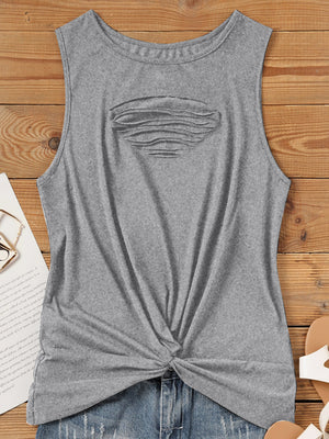 Gray slit detail knot tank top with crew neck and sleeveless cut.