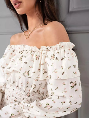 Off-shoulder Floral Ruffle Dress in Blue, back view