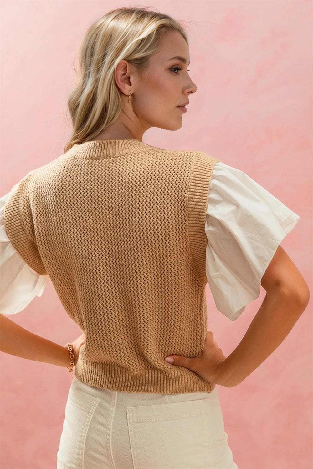 Camel knit vest with white ruffled poplin sleeves