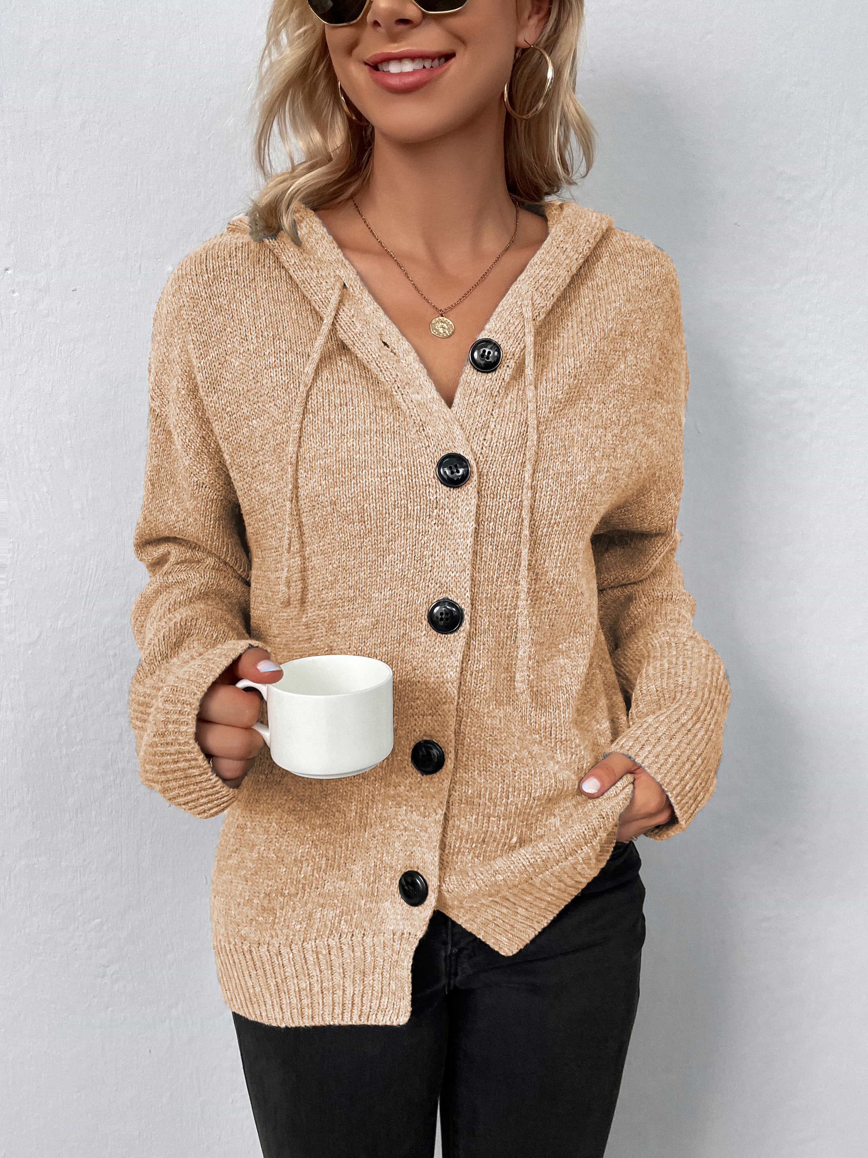 Tan knit hooded cardigan with button front and drawstring details.