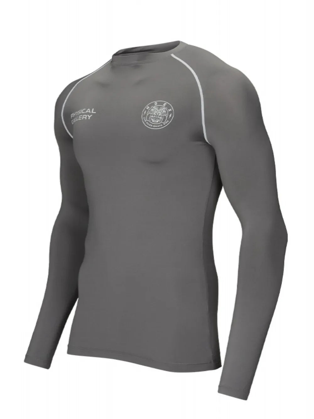 Dark gray long sleeve performance fit crew neck t-shirt with white piping and chest logo.