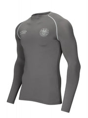 Dark gray long sleeve performance fit crew neck t-shirt with white piping and chest logo.