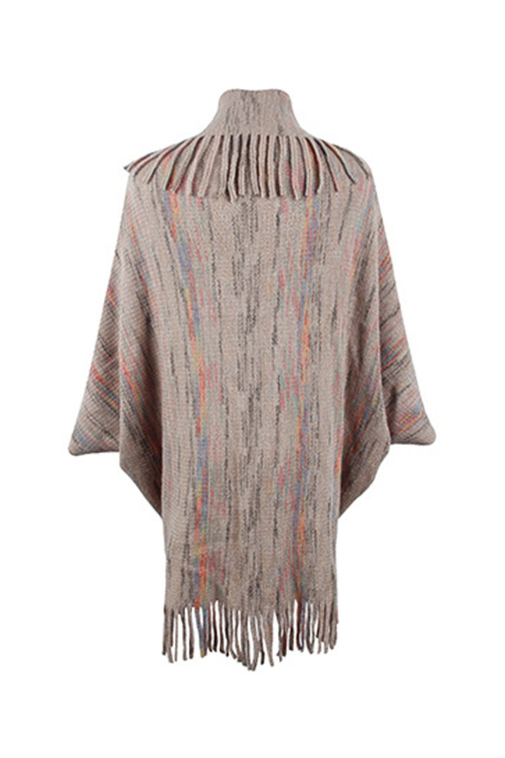 Textured knit cape in Khaki with multicolor stripes and fringe trim.