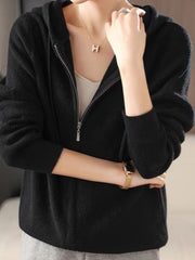Black ribbed knit zip-through hoodie with a full zip closure and hood.