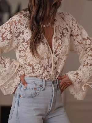 Lace Sheer Button Up Shirt in Cream White, close-up detail