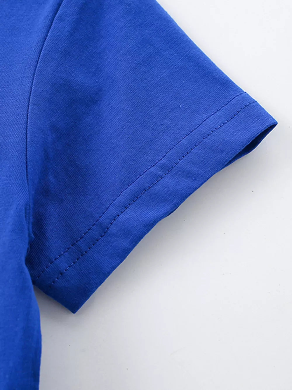 Toddler blue cotton blend t-shirt with short sleeves and crew neck.