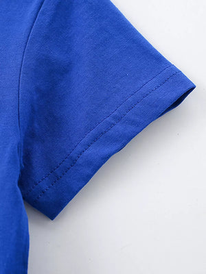 Toddler blue cotton blend t-shirt with short sleeves and crew neck.