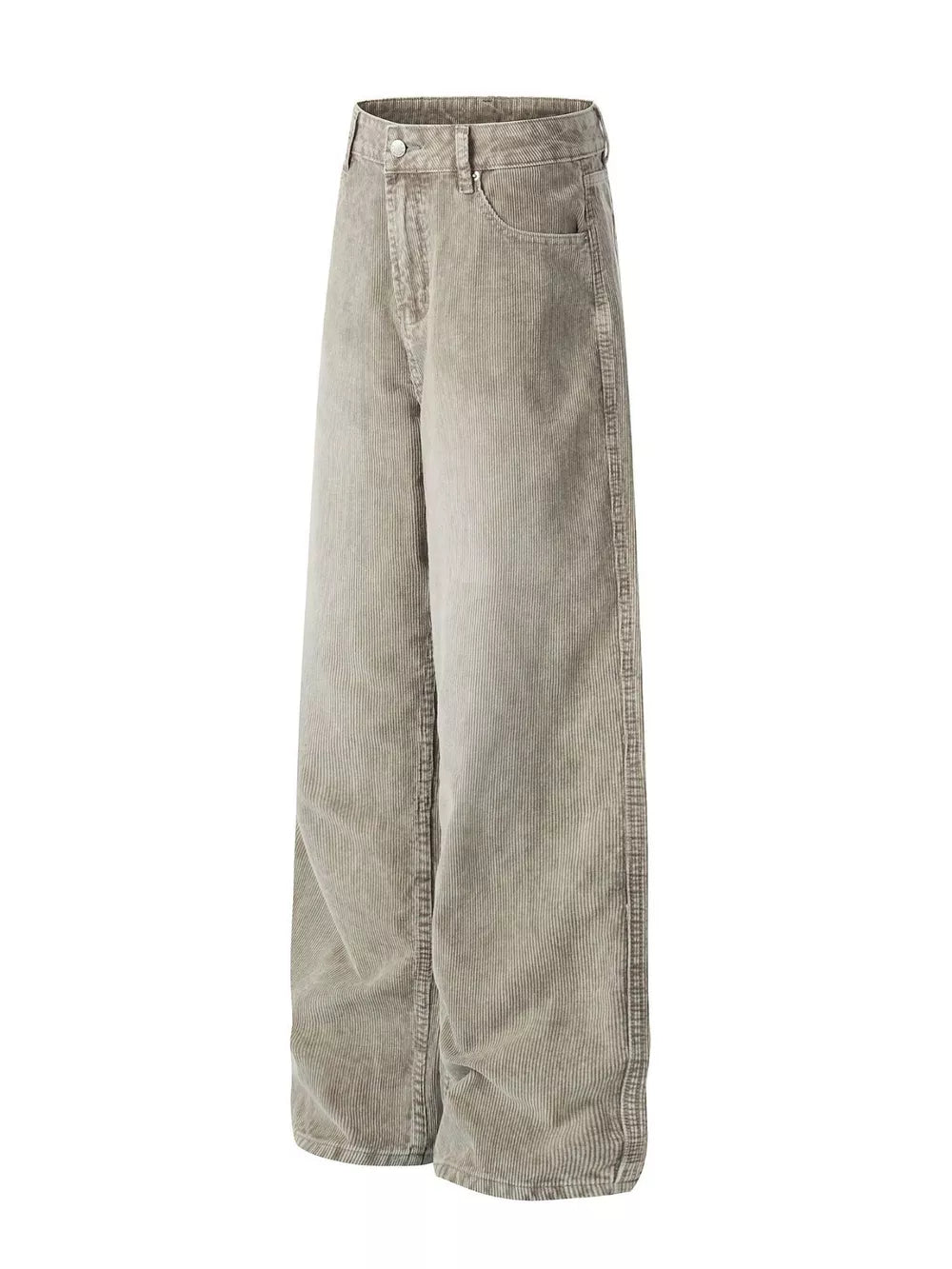 Men's gray corduroy wide-leg pants with a relaxed fit and visible stitching detail.
