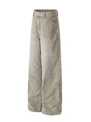 Men's gray corduroy wide-leg pants with a relaxed fit and visible stitching detail.
