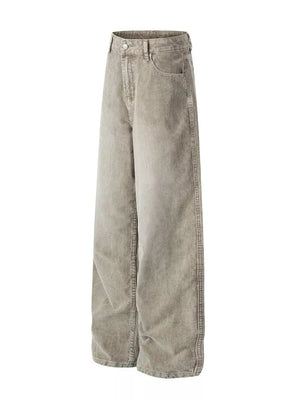 Men's gray corduroy wide-leg pants with a relaxed fit and visible stitching detail.