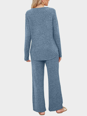 Dusty Blue ribbed knit lounge set with long sleeves and wide leg pants.