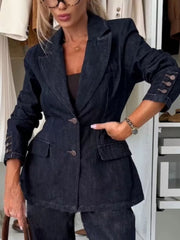 Dark navy denim blazer with button cuffs and tailored fit.