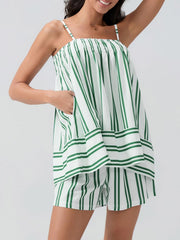 White and green striped smocked cami set with shorts and pockets.