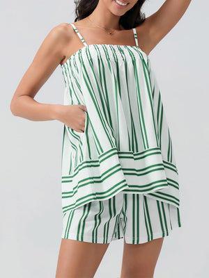 White and green striped smocked cami set with shorts and pockets.