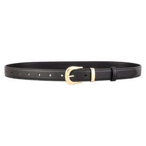 Black leather belt with polished gold buckle and keeper loop.