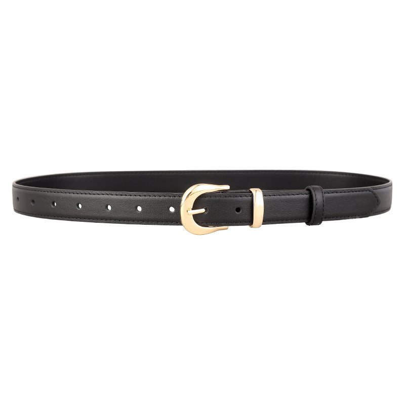 Black leather belt with polished gold buckle and keeper loop.