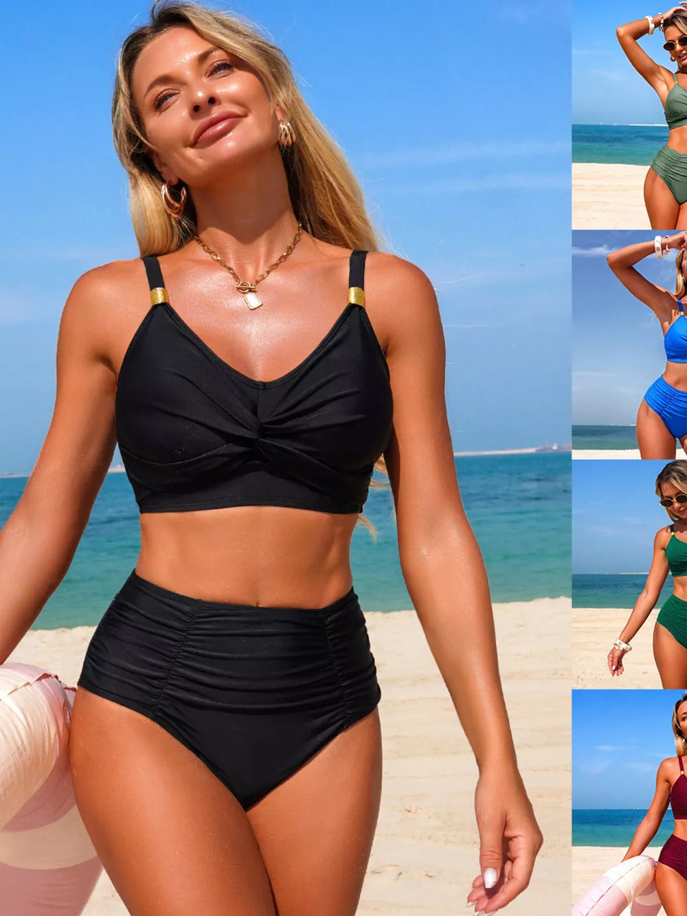 Black twisted front bikini set with high-waisted ruched bottoms and gold strap details.