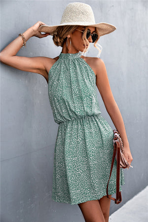 Yellow Green floral halter neck mini dress with elastic waist