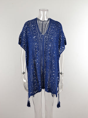 Open-knit V-neck beach cover-up in Dark Blue with tassel details.