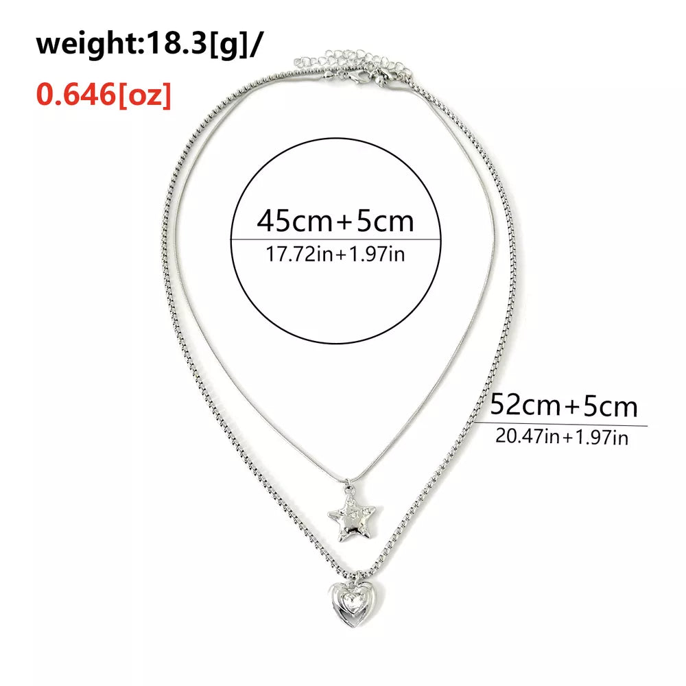 2-piece Star And Heart Pendant Alloy Necklace in Silver, product detail