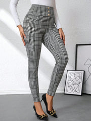 Plaid high waist slim fit ankle length pants with decorative buttons.