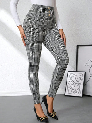 Plaid high waist slim fit ankle length pants with decorative buttons.