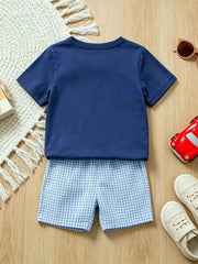 Baby boys navy tee and blue gingham shorts set