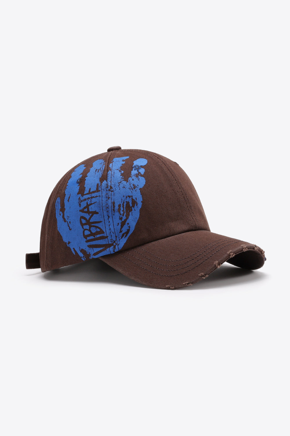Chestnut baseball cap with distressed brim and blue VIBRA graffiti graphic.