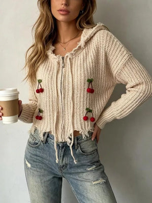 Cherry Knit Zip-up Hooded Sweater in Black, front view