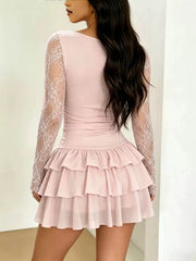 Lace Sleeve Ruffle Layered Mini Dress in Light Blue, side view
