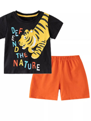Black tiger graphic tee with orange shorts, short sleeves, crew neck, cotton.