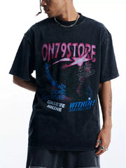 Black oversized graphic tee with cosmic print and crew neck.