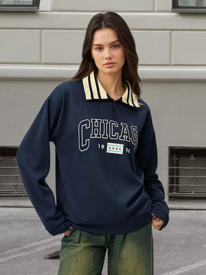 Graphic Sweatshirt With Striped Collar in Dark Blue, side view