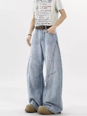 Light blue distressed wide-leg jeans with belt detail