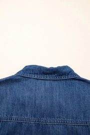 Blue denim collared mini shift dress with visible stitching detail.