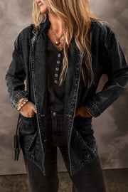 Dark denim double-breasted blazer with button front and flap pockets.