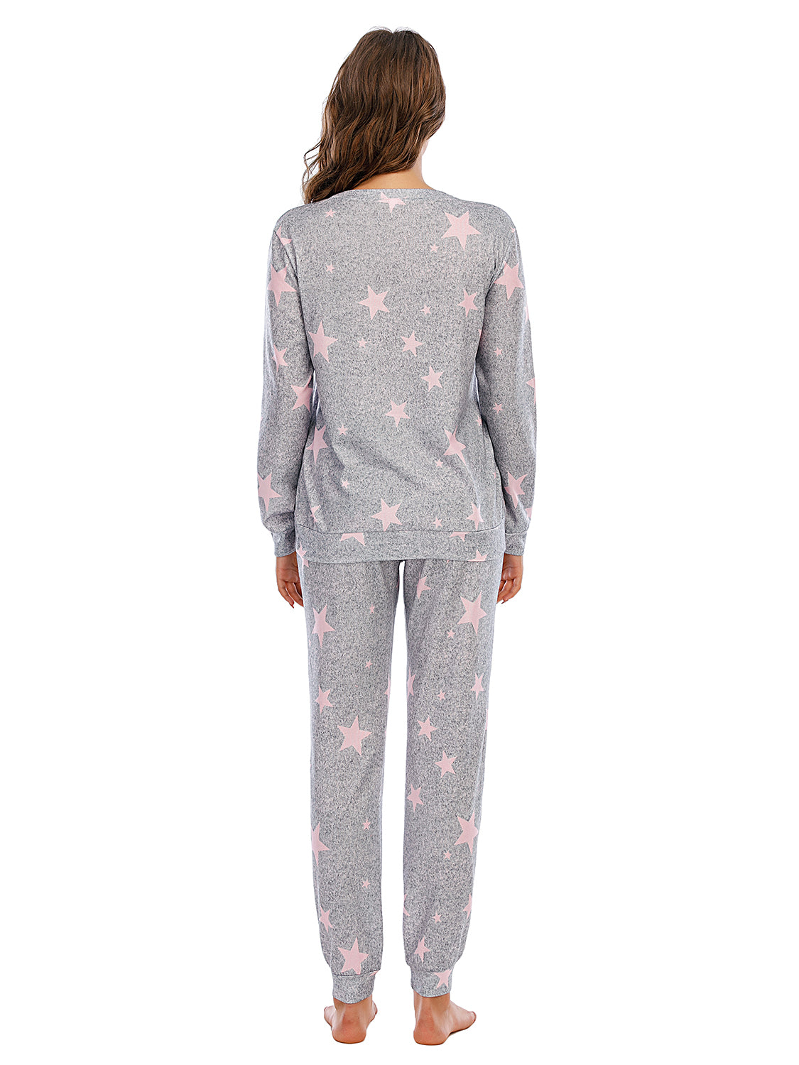 Heather Gray knit loungewear set with pink stars, crew neck top and jogger pants.